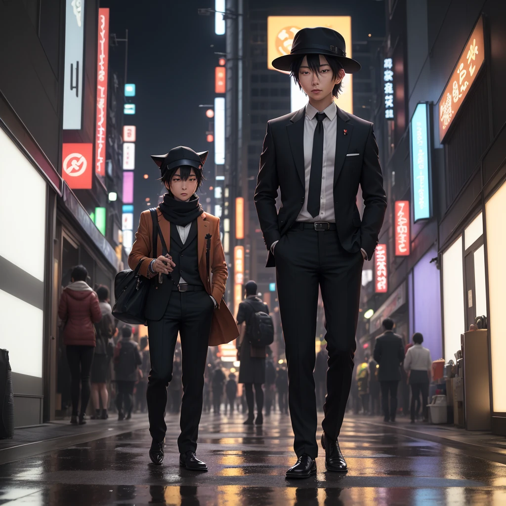 Amidst the bustling streets of Tokyo, Taro Sato stood at the edge of Shibuya Crossing, watching the sea of people surge forward as the lights changed. Neon signs cast a kaleidoscope of colors on the sleek glass façades of the towering skyscrapers, their reflections dancing in the puddles left by a recent rain. The cacophony of electronic advertisements, distant train announcements, and snippets of conversations created a symphony unique to this city.
From behind, Taro’s figure was striking—a tailored navy suit draped perfectly over his broad shoulders, the crisp white shirt collar peeking out just so. His dark hair was neatly styled, catching the light from a nearby LED billboard. Yet, atop his head, an unexpected accessory added a playful twist—a hat shaped like a fox, with pointed ears and a mischievous expression that contrasted sharply with his formal attire. His polished leather shoes clicked softly on the pavement, grounding him in the reality of the moment. His posture was upright and confident, suggesting someone who belonged to this city and navigated its complexities with ease, even with a whimsical touch.
As he stepped off the curb, the rhythmic pulse of Tokyo enveloped him. Taro moved with the crowd, yet his eyes remained sharp, scanning the myriad of faces and signs. He paused briefly at a small alleyway, where the frenetic energy of the main streets gave way to a quiet ramen shop, its warm glow offering a moment of respite. Here, in this juxtaposition of chaos and calm, Taro felt the heartbeat of Tokyo and knew he was exactly where he needed to be, his fox hat adding a dash of individuality to the city's vibrant tapestry.