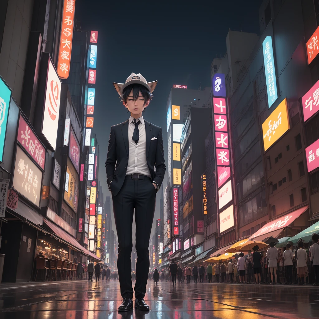 Amidst the bustling streets of Tokyo, Taro Sato stood at the edge of Shibuya Crossing, watching the sea of people surge forward as the lights changed. Neon signs cast a kaleidoscope of colors on the sleek glass façades of the towering skyscrapers, their reflections dancing in the puddles left by a recent rain. The cacophony of electronic advertisements, distant train announcements, and snippets of conversations created a symphony unique to this city.

From behind, Taro’s figure was striking—a tailored navy suit draped perfectly over his broad shoulders, the crisp white shirt collar peeking out just so. His dark hair was neatly styled, catching the light from a nearby LED billboard. Yet, atop his head, an unexpected accessory added a playful twist—a hat shaped like a fox, with pointed ears and a mischievous expression that contrasted sharply with his formal attire. His polished leather shoes clicked softly on the pavement, grounding him in the reality of the moment. His posture was upright and confident, suggesting someone who belonged to this city and navigated its complexities with ease, even with a whimsical touch.

As he stepped off the curb, the rhythmic pulse of Tokyo enveloped him. Taro moved with the crowd, yet his eyes remained sharp, scanning the myriad of faces and signs. He paused briefly at a small alleyway, where the frenetic energy of the main streets gave way to a quiet ramen shop, its warm glow offering a moment of respite. Here, in this juxtaposition of chaos and calm, Taro felt the heartbeat of Tokyo and knew he was exactly where he needed to be, his fox hat adding a dash of individuality to the city's vibrant tapestry.