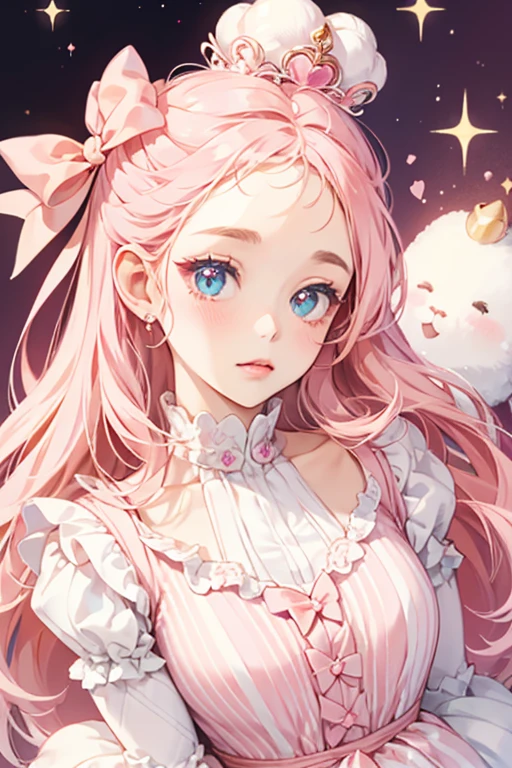 A pale pink girl bear Num with vertical peach stripes down her face. She has a dollop of white frosting on her head with a decorative fuchsia bow. Matching frosting is piped around her base in a pearl-like pattern. SPARKLE; GLITTER