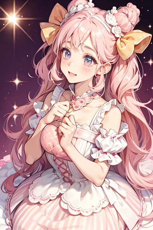 A pale pink girl bear Num with vertical peach stripes down her face. She has a dollop of white frosting on her head with a decorative fuchsia bow. Matching frosting is piped around her base in a pearl-like pattern. SPARKLE; GLITTER