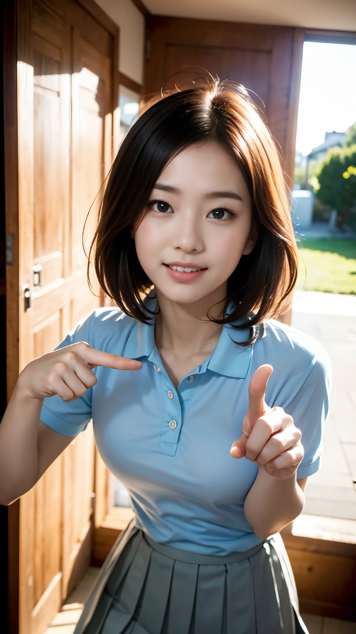 ((In a bright hallway)), Mischievous Smile、(Realistic、Realistic:1.37)、(masterpiece)、(Highest quality:1.4)、(Ultra-high resolution:1.2)、(RAW Photos:1.2)、(Sharp focus:1.3)、(stand:1.2)、elegant、(Whole Body Ezbian:1.2)、(A girl wearing a polo shirt and a pleated skirt:1.3)、((A gesture of peering:1.5))、Very cute Japanese girl、(A faint smile:1.3)、(Makes hair shine:1.3)、Short pleated skirt、Outside shot of the hallway、Beautiful and delicate eyes、 View your audience、Shooting from below, looking up、((Secretly photographing underwear under a skirt))、