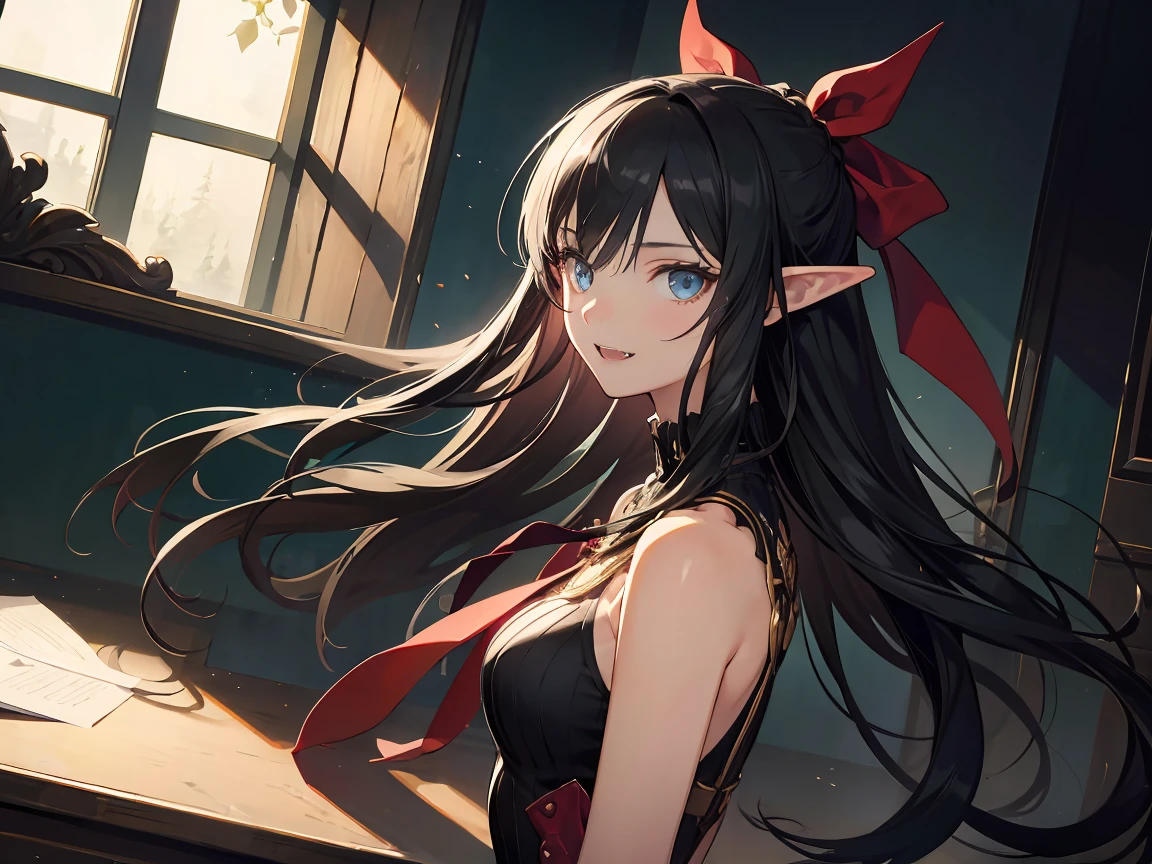 (black hair), long hair, Hair blowing in the wind, Hair Ribbon, mismatched sclera, smile, Baroque, chiaroscuro, masterpiece, accurate, high quality, best quality, high details, super detail, Vampire, aristocratic vampire, dark castle interior, moonlight shining through a window into a dark room, at night, Sleeveless turtleneck, Detailed hands, detailed fingers, pointed nails, nail art, Fangs protruding from the mouth, elf, pointy ears, mature woman