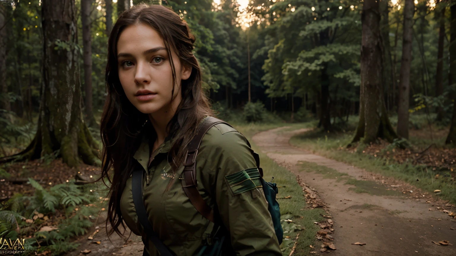 professional photography, hd, ultra-realistic, ultra-detailed, hunger games style heroine, 20 years old, dark brown hair, long light green eyes, ultra-realistic, ultra-detailed, symmetrical, light skin, staring at the camera, with a forest in the background, blue hour, cinematographic style
