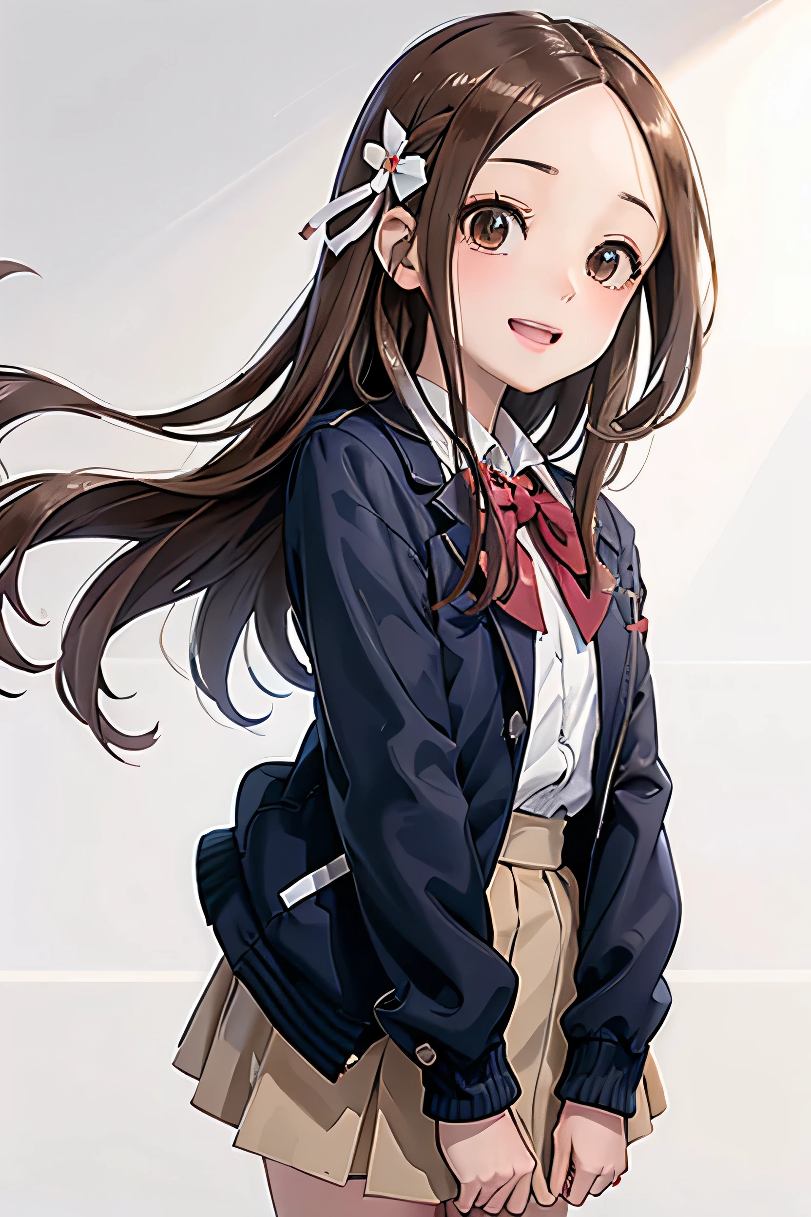((masterpiece, Highest quality, High resolution, 超High resolution, Pixel perfect, Depth of written border, 4K, RTTX 10.0, High resolution))), 1 girl、Draw the whole body、from below perspective、Pure white skin, Beautiful art style, (Straight long hair, bangs, Brown Hair:1.2,)( Curly Hair:0.3), White hairpin、((Dark brown eyes:1.4, Round eyes,Droopy eyes、Beautiful eyelashes, Realistic eyes)),, ((Smooth texture:0.75, Realistic texture:0.65, Realistic:1.1, Anime CG style)), Medium chest, Perfect body, ((Portraiture, throw)), ((Red bow tie, , Navy blue jacket, Open jacket, White shirt, skirt)), smile, Open your mouth、teeth、(From below1st.3),From below,White panties