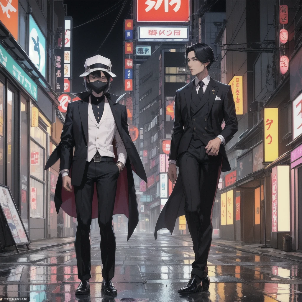 Amidst the bustling streets of Tokyo, Taro Sato stood at the edge of Shibuya Crossing, observing the sea of people surge forward as the lights changed. Neon signs cast a kaleidoscope of colors on the sleek glass façades of the towering skyscrapers, their reflections dancing in the puddles left by a recent rain. The cacophony of electronic advertisements, distant train announcements, and snippets of conversations created a symphony unique to this city.
From behind, Taro's figure was striking—a tailored navy suit draped perfectly over his broad shoulders, the crisp white shirt collar peeking out just so. His dark hair was neatly styled, and his polished leather shoes clicked softly on the pavement. The formal attire was contrasted by a whimsical accessory: a hat shaped like a fox, complete with pointed ears and a mischievous expression.
Adding to the enigmatic look was a sleek, black mask covering the lower half of his face. The mask, subtly decorated with geometric patterns, gave Taro an air of mystery while blending seamlessly with his suit. It seemed almost to add a layer of intrigue, drawing attention without revealing too much.
As he stepped off the curb, the rhythmic pulse of Tokyo enveloped him. Taro moved with the crowd, yet his eyes remained sharp, scanning the myriad of faces and signs. He paused briefly at a small alleyway, where the frenetic energy of the main streets gave way to a quiet ramen shop, its warm glow offering a moment of respite. Here, in this juxtaposition of chaos and calm, Taro felt the heartbeat of Tokyo and knew he was exactly where he needed to be, his fox hat and mask adding a touch of both whimsy and mystery to the city's vibrant tapestry.