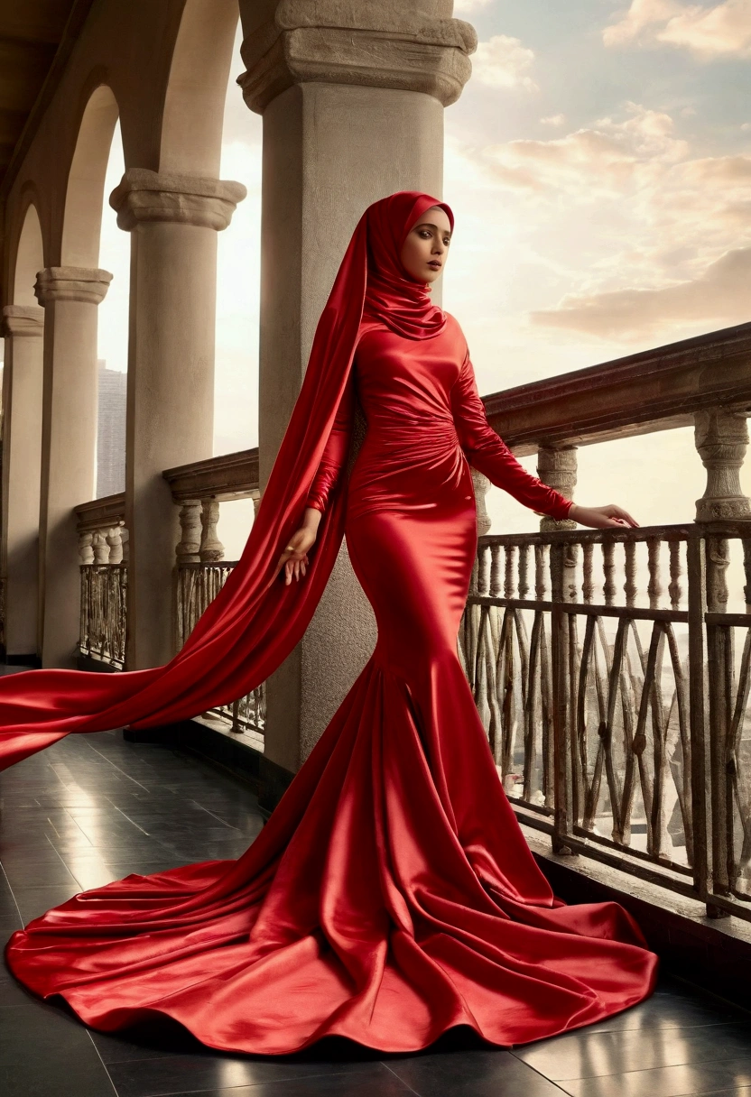 An alluring woman shrouded in a 4-meter-long, plush red satin cloth, tightly bound and grandly draping along the form of her body, flowing off into a pooled floor-length train, styled in a mermaid-inspired outfit, her head modestly veiled in a satin hijab, overloong outfit stuck in something,stand in balcony,a full-body pose conveying a sense of mysterious elegance, captured in a 4k resolution, ultra-realistic