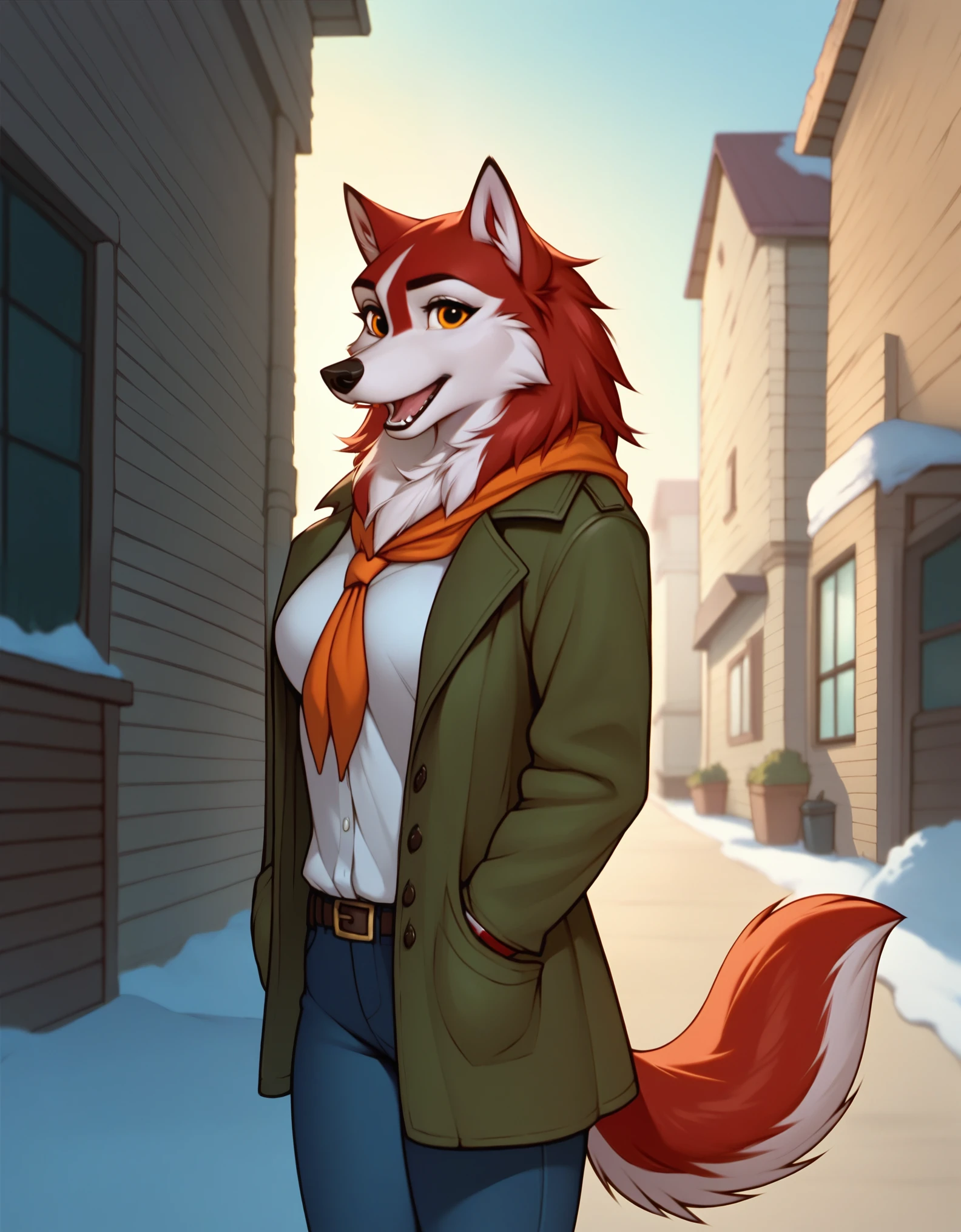 score_9, score_8_up, score_7_up, BREAK,  1girl, jenna\(balto\), solo, open mouth, amber eyes, neckerchief, two tone fur, red fur, looking at viewer, breasts, wearing, coat, pants, outside, furry female, anthro, tail, standing,  furry, body fur, wolf, canine,