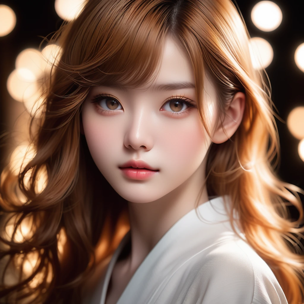 Meticulous, analog style, focus on the eyes, highest quality, (highly detailed skin), photo of very handsome pale skin Japane donghua girl, 21 years old, (caramel hair), perfect face, pore skin, (penetration:0.5), black background, (bokeh:0.6), sharp focus, grainy lighting, (backlight:0.7), film grain, photographed with Sony A7R IV camera, 18mm F/1.7 cine lens, (highly detailed, intricate detail), 8k, HDR, front view, (upper body: 0.9)