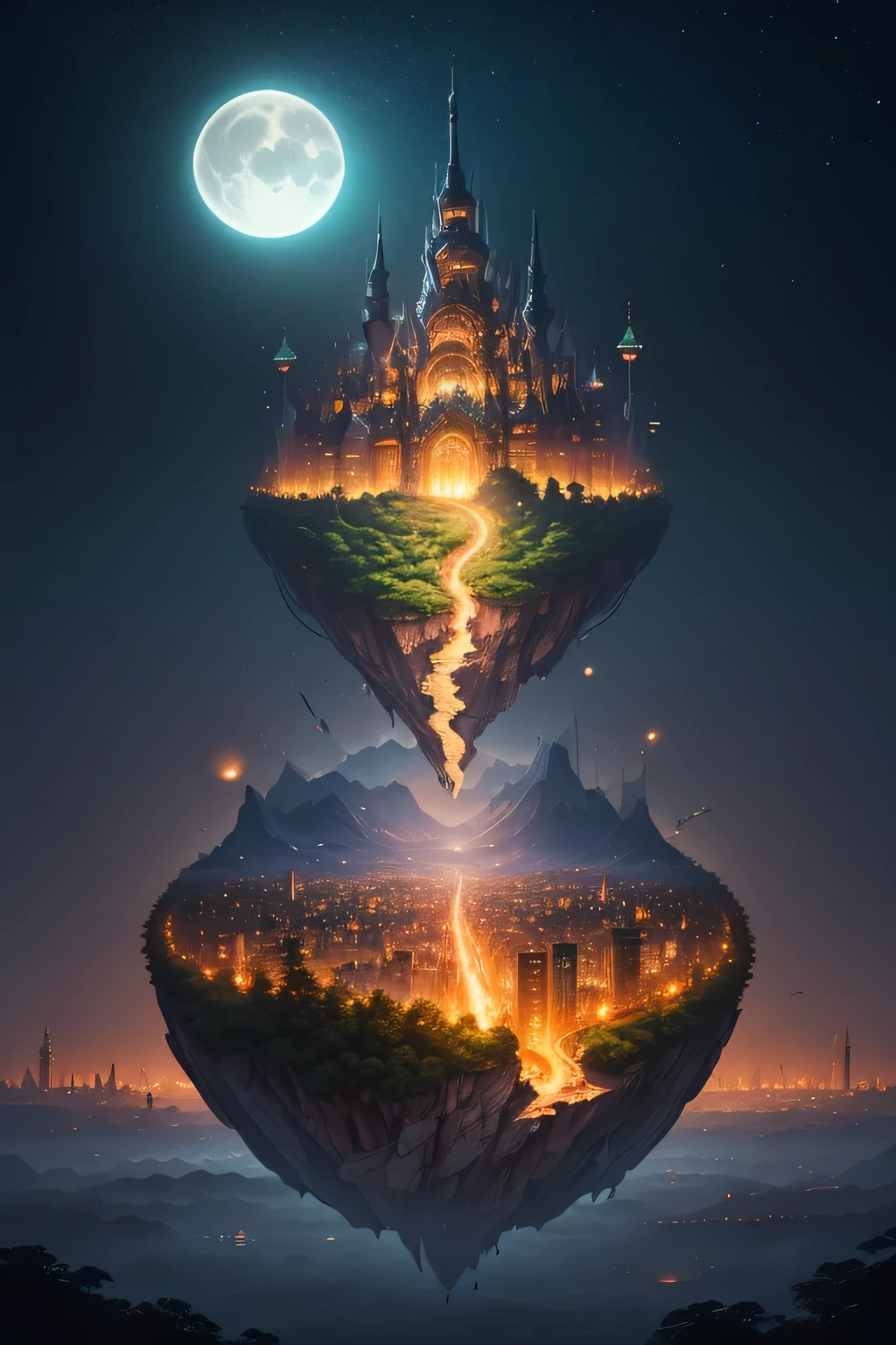 Floating islands, dense forest, 2 moons, midnight, distant city, fantasy style ((detailed city))