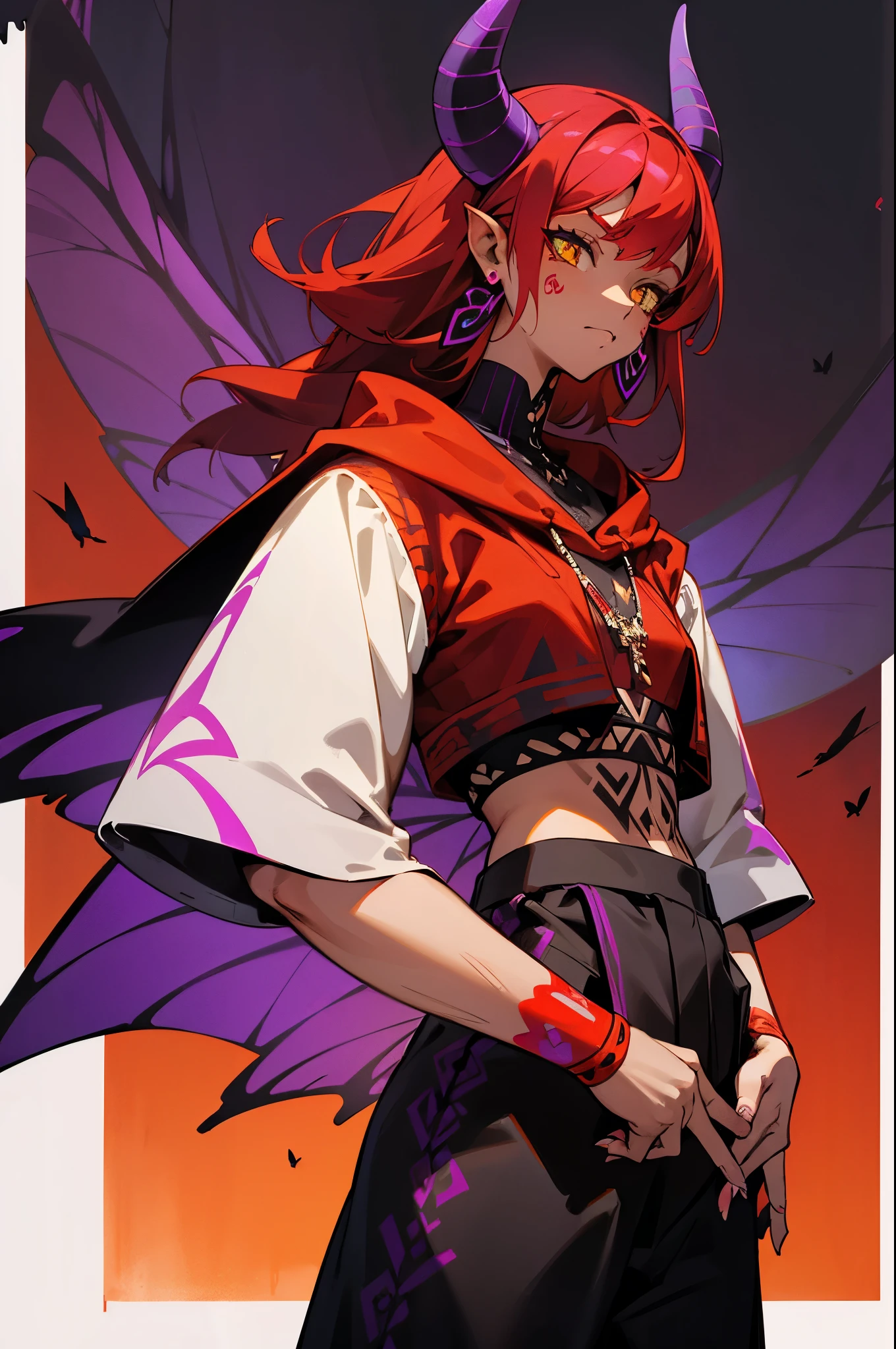 Black and Purple Tribal Markings On Body, Black and Purple Face Tattoos , Purple Butterfly Fairy Wings , dark skin, small yellow horns, light yellow eyes, red earrings, red hair, mature woman, red cloak, red pattered shirt, black checkered pants,, fully clothed