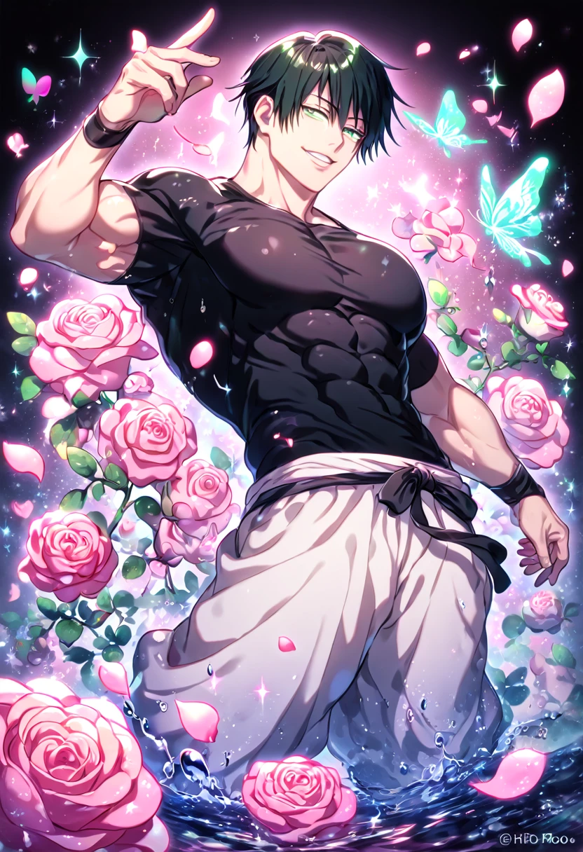 Ultra detailed, HDR, Highres, absurdres, master piece, Fushiguro Touji, black hair, expressive green eyes, toned chest, white baggy pants, black tight shirt, Jujutsu Kaisen, solo, pink glittering butterflies, pink ice, petals, pink ice glass roses, sexy man, sensual, handsome, glittering, water, fantasy, magical, manly man, handsome smile,