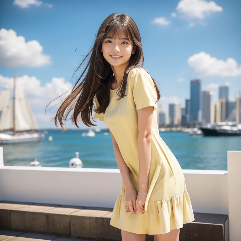 (Calm and gentle look:1.8), (Full Body Shot:1.3), (panorama:1.8), Cinema Lighting, ((Highest quality)), (RAW Photos, Highest quality), ( Realistic:1.4), realism, masterpiece, Very delicate and beautiful, Very detailed, 4K wallpaper, wonderful, finely, Very detailed CG unity 8k wallpaper, Very detailed, High resolution, Soft Light, Japanese, (one shot:1.9), (22 years old:1.6), (Round face:1.2), (Fat:0.8), (A neat and clean woman:1.5), Beautiful detailed woman,Famous Japanese actresses, Detailed face, finelyて美しい目, Very detailedな目と顔, Beautiful eyes and a beautifully detailed nose, Ultra HD glossy lips, (Straight Hair:1.4), Shiny Hair, Shiny Hair, Brown Hair, (bangs:1.4), Long, slender legs, Toned body, (Smiling:1.5), Natural Makeup, (LET IT PASS, Light Yellow, Short sleeve dress:1.8), (A very intricate and elaborately decorated dress:1.3), Accentuate your body lines, (pumps:1.2), (A model posing at the yacht harbor:1.4), (Deep blue midsummer sky, cumulonimbus:1.3), (Hair and skirt fluttering in the wind:1.5),