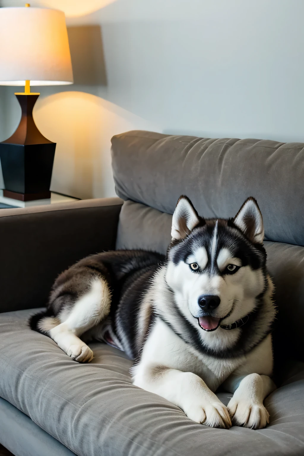 Husky, lying down, sofa, artificial light 