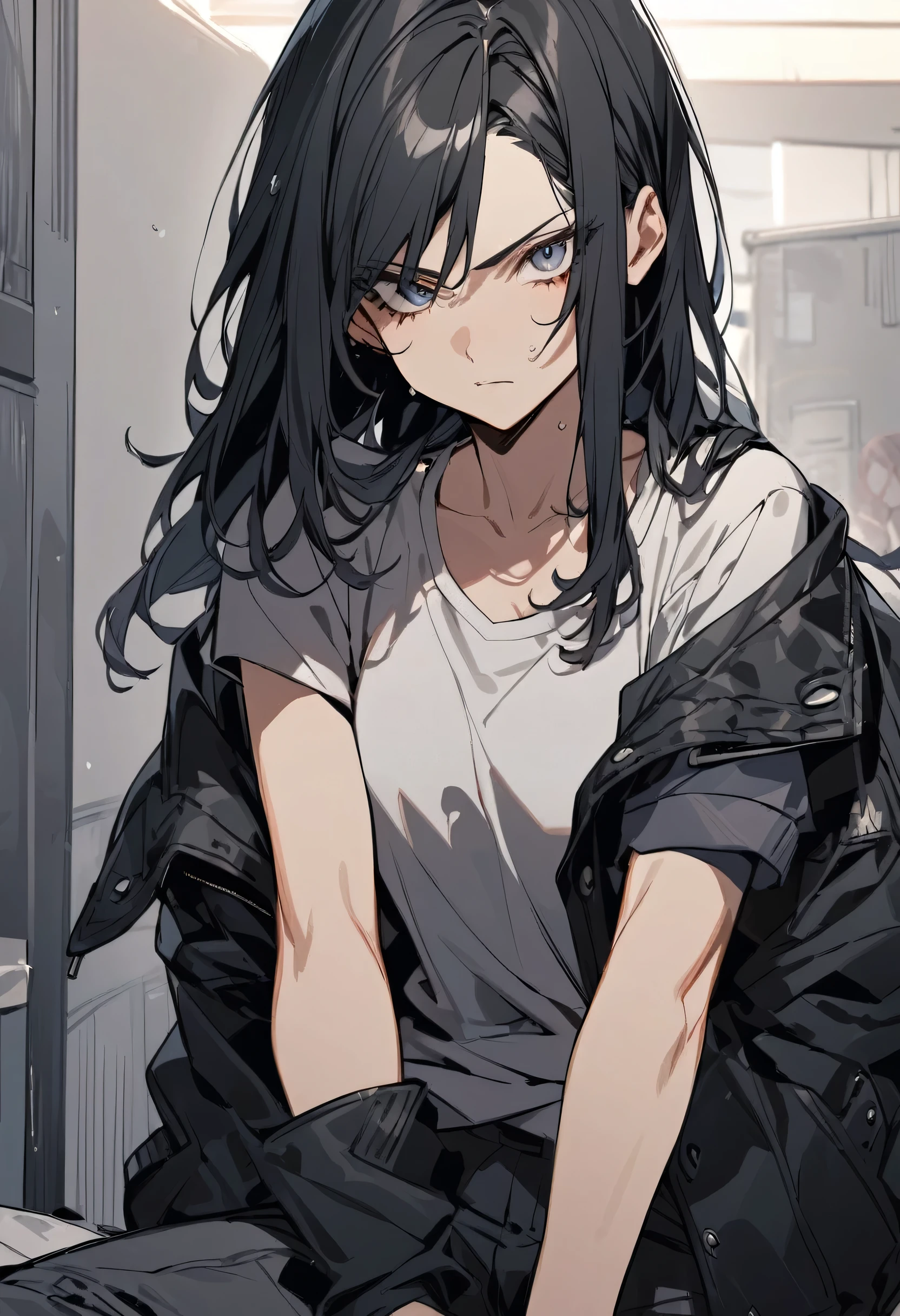 A tough 28 year old girl wearing a top with a jacket and gray jins with long black hair