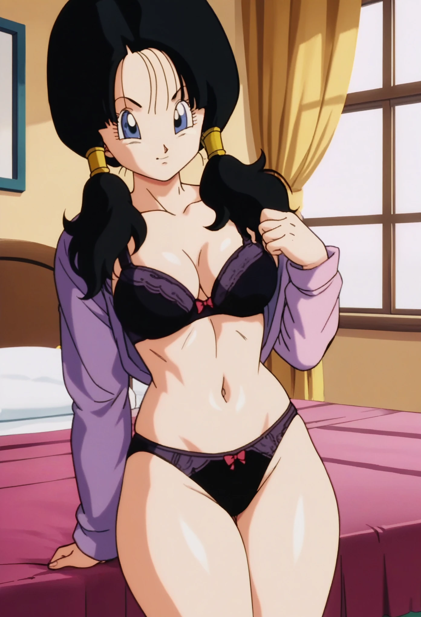 source_anime, score_9, score_8_up, score_7_up, anime screencap,
videldbz, 1girl, solo, looking at viewer, long hair, blue eyes, black hair, long sleeves, ponytails, ((bra)), ((panties)), thick thighs