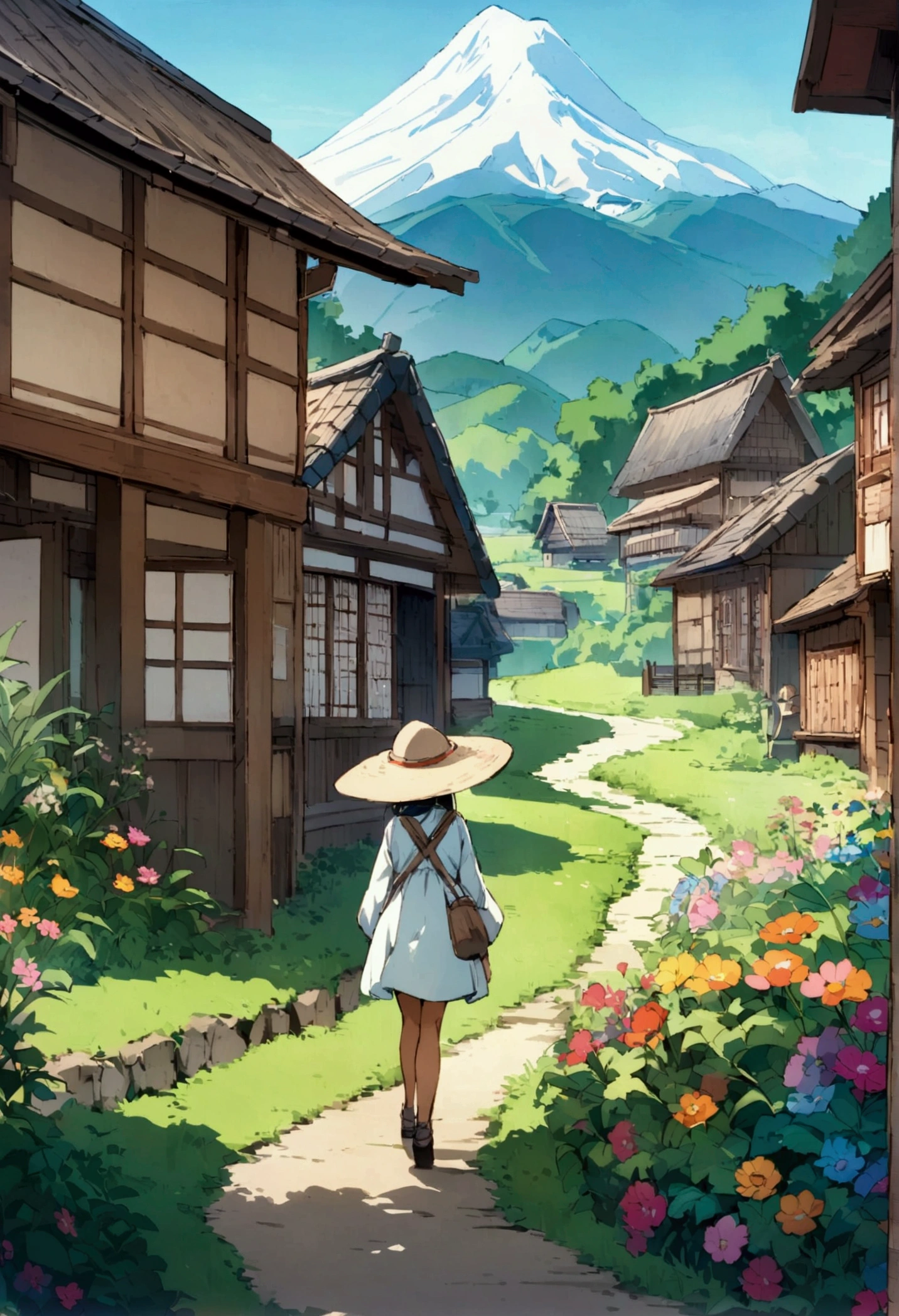Vibrant and detailed anime-style illustration depicting a serene rural landscape. The layout is vertical, showcasing a clear blue sky filled with fluffy white clouds, and a majestic snow-capped mountain in the background. The foreground features a narrow, winding stream bordered by lush green grass and colorful flowers. Traditional wooden houses with thatched roofs are scattered throughout the scene, surrounded by dense greenery and tall trees. A person with light skin, wearing a white dress and a wide-brimmed hat, is seen from the back, walking along a path with a bicycle. The overall atmosphere is peaceful and idyllic, capturing the beauty of nature and rural life.