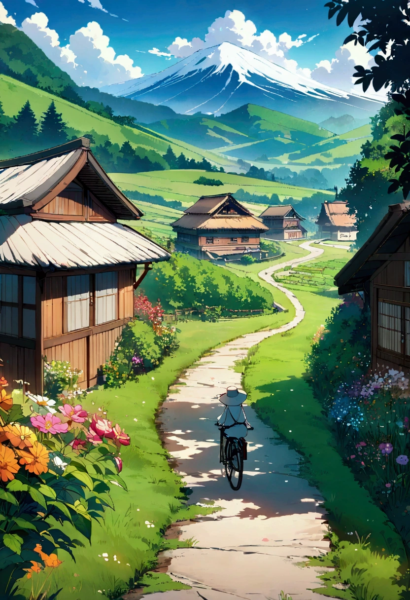 Vibrant and detailed anime-style illustration depicting a serene rural landscape. The layout is vertical, showcasing a clear blue sky filled with fluffy white clouds, and a majestic snow-capped mountain in the background. The foreground features a narrow, winding stream bordered by lush green grass and colorful flowers. Traditional wooden houses with thatched roofs are scattered throughout the scene, surrounded by dense greenery and tall trees. A person with light skin, wearing a white dress and a wide-brimmed hat, is seen from the back, walking along a path with a bicycle. The overall atmosphere is peaceful and idyllic, capturing the beauty of nature and rural life.