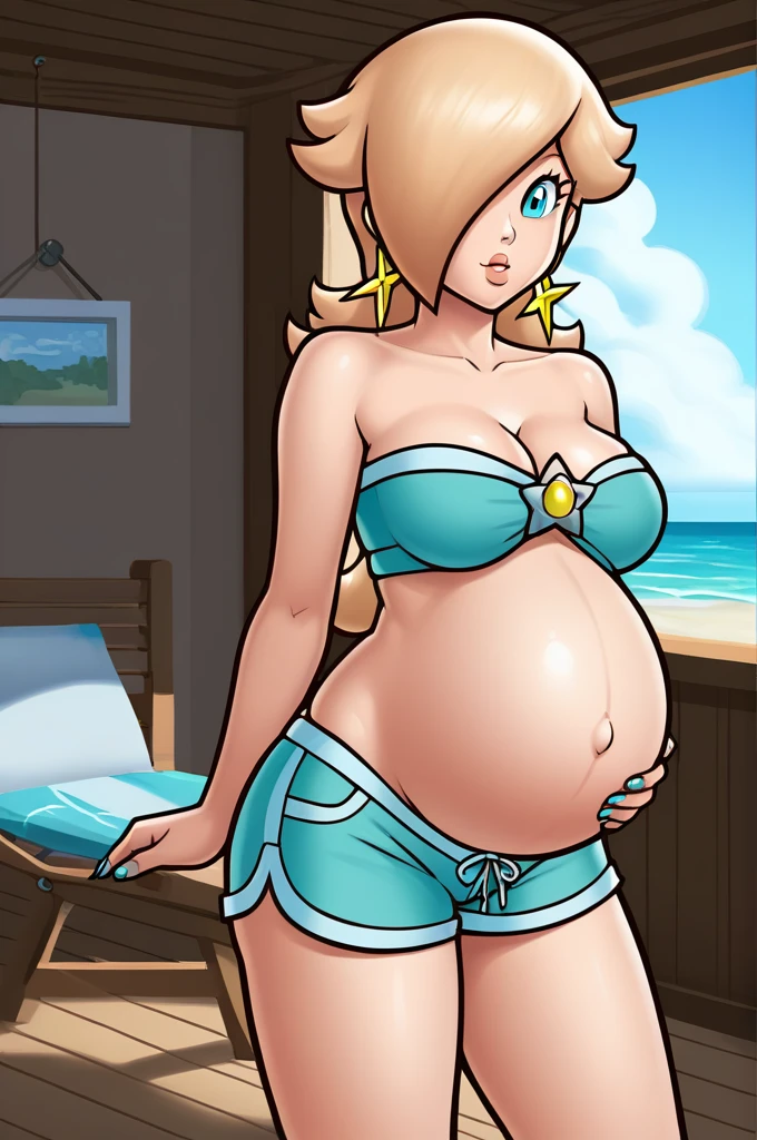 score_9, score_8_up, 1girl, solo, rosalina, style parody, thick outlines, blue bikini, shorts, pregnant belly, sleeveless, strapless, cleavage, indoors, beach,
