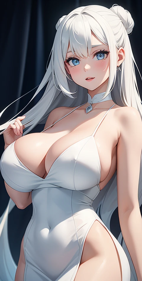 Girl, with giant breasts, by white, with elegant white dress 