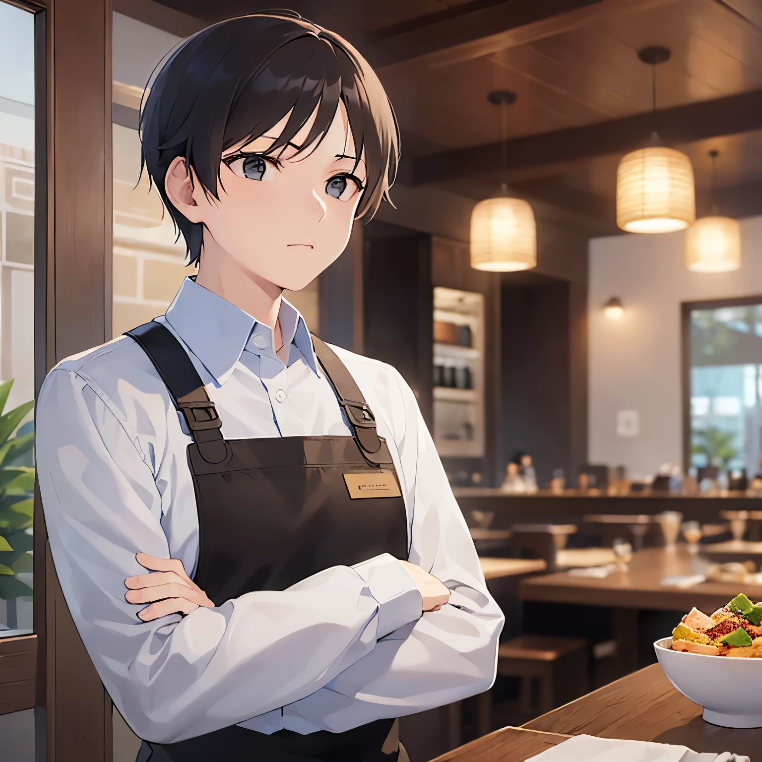(looking away:1.5),Side shot、masterpiece、Highest quality、Arms crossed、
BREAK (25-year-old male:1.5) and (Mahogany brown short hair) and (Green Eyes)
BREAK,White long sleeve shirt、Brown apron、
frown, Inside the restaurant、night