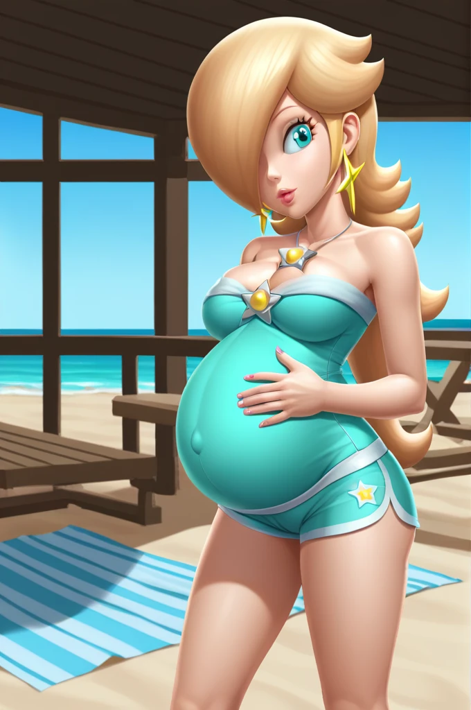 score_9, score_8_up, 1girl, solo, rosalina, style parody, thick outlines, black bikini, shorts, pregnant belly, sleeveless, strapless, cleavage, indoors, beach, 