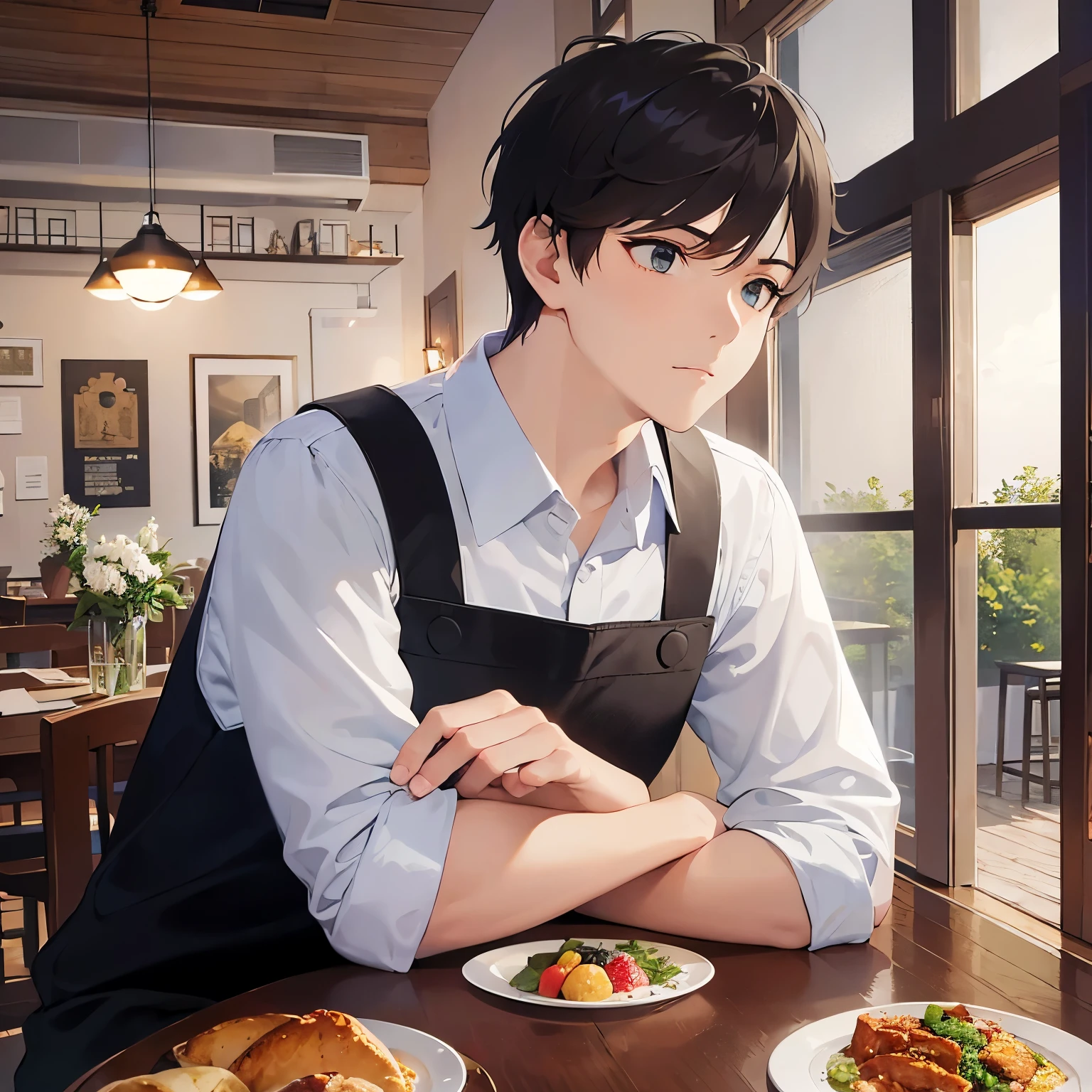 (looking away:1.5),Side shot、masterpiece、Highest quality、Arms crossed、
BREAK (25-year-old male:1.5) and (Mahogany brown short hair) and (Green Eyes)
 BREAK,White long sleeve shirt、Brown apron、
frown, Inside the restaurant、night