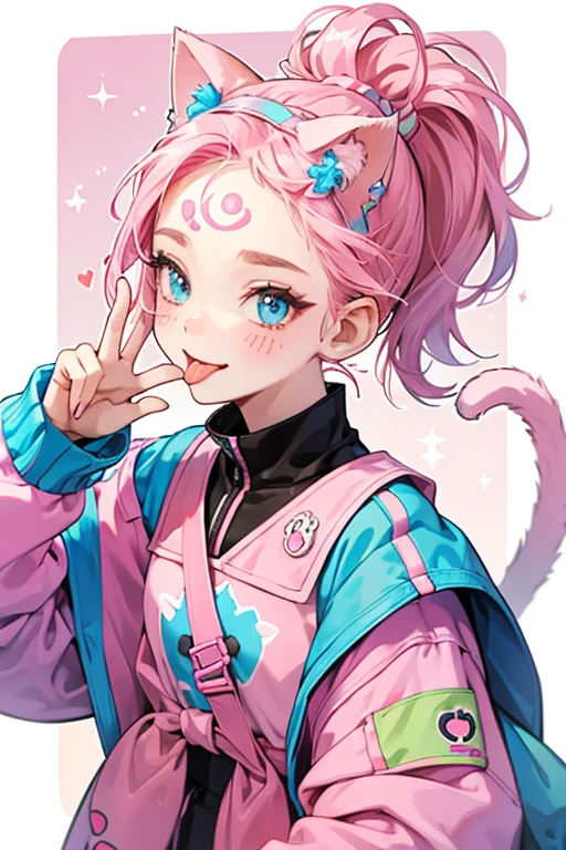 A jelly bean girl cat Num with a winking eye, cat whiskers, and her tongue sticking out. She has two colors on her body: One half is pink, while the other half is blue. On the top of her head is a small ponytail tied by a pink hairband. Pink beans decorate her forehead. SPARKLE; GLITTER