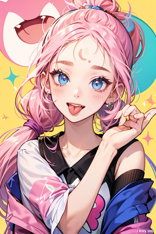 A jelly bean girl cat Num with a winking eye, cat whiskers, and her tongue sticking out. She has two colors on her body: One half is pink, while the other half is blue. On the top of her head is a small ponytail tied by a pink hairband. Pink beans decorate her forehead. SPARKLE; GLITTER