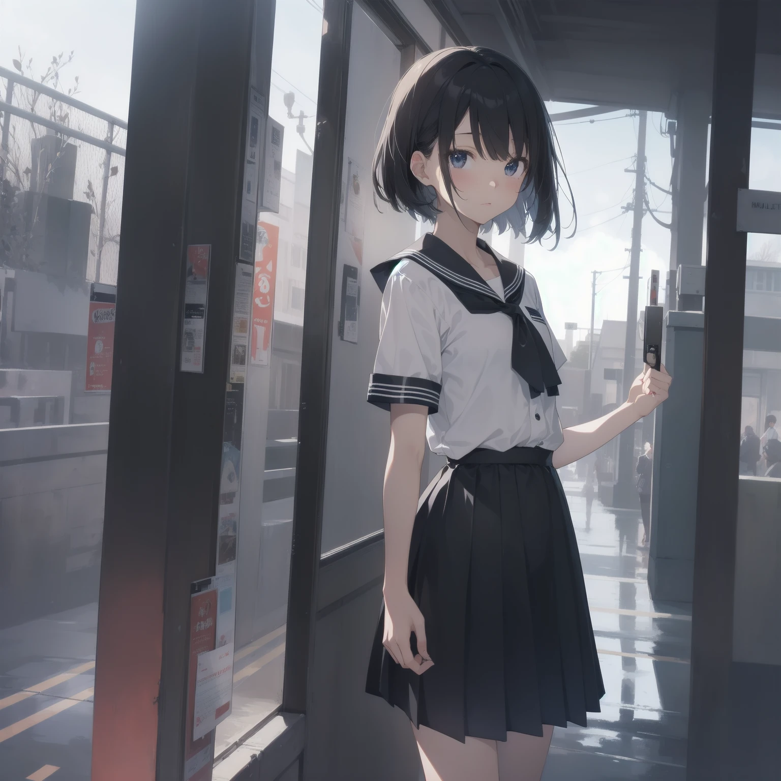 ultra-absurdres-Top quality by artist God, ultra-detailed, high resolution, anime moe artstyle, best anime 8k konachan wallpaper, pixiv contest winner, pool:2810, perfect anatomy,break, 1girl, (Please draw a girl walking sleepily to school alone. )break,(Solo,little female, 13-year-old:1.3),Full limbs, complete fingers,a junior high school student, (very short hair), short cut, flat chest, , small butt, small black eyes, beautiful detailed eyes, well-proportioned iris and pupils, expressive eyes, highres detailed hair, soft expression, salor school_uniform, sailor collar, serahuku, bow, pleated skirt,(Detailed Lighting), (Detailed background), in the School commute route. break,super detailed skin, Best cinematic lighting powered by famous artist, 8k,beauty illustration,photoshop_(medium),very aesthetic,break,((artist:fujima_takuya )), artist:clamp ,artist:carnelian ,artist:kantoku ,