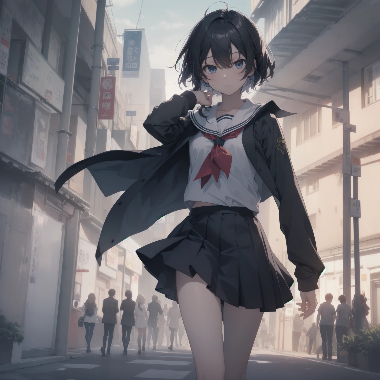 ultra-absurdres-Top quality by artist God, ultra-detailed, high resolution, anime moe artstyle, best anime 8k konachan wallpaper, pixiv contest winner, pool:2810, perfect anatomy,break, 1girl, (Please draw a girl walking sleepily to school alone. )break,(Solo,little female, 13-year-old:1.3),Full limbs, complete fingers,a junior high school student, (very short hair), short cut, flat chest, , small butt, small black eyes, beautiful detailed eyes, well-proportioned iris and pupils, expressive eyes, highres detailed hair, soft expression, salor school_uniform, sailor collar, serahuku, bow, pleated skirt,(Detailed Lighting), (Detailed background), in the School commute route. break,super detailed skin, Best cinematic lighting powered by famous artist, 8k,beauty illustration,photoshop_(medium),very aesthetic,break,((artist:fujima_takuya )), artist:clamp ,artist:carnelian ,artist:kantoku ,