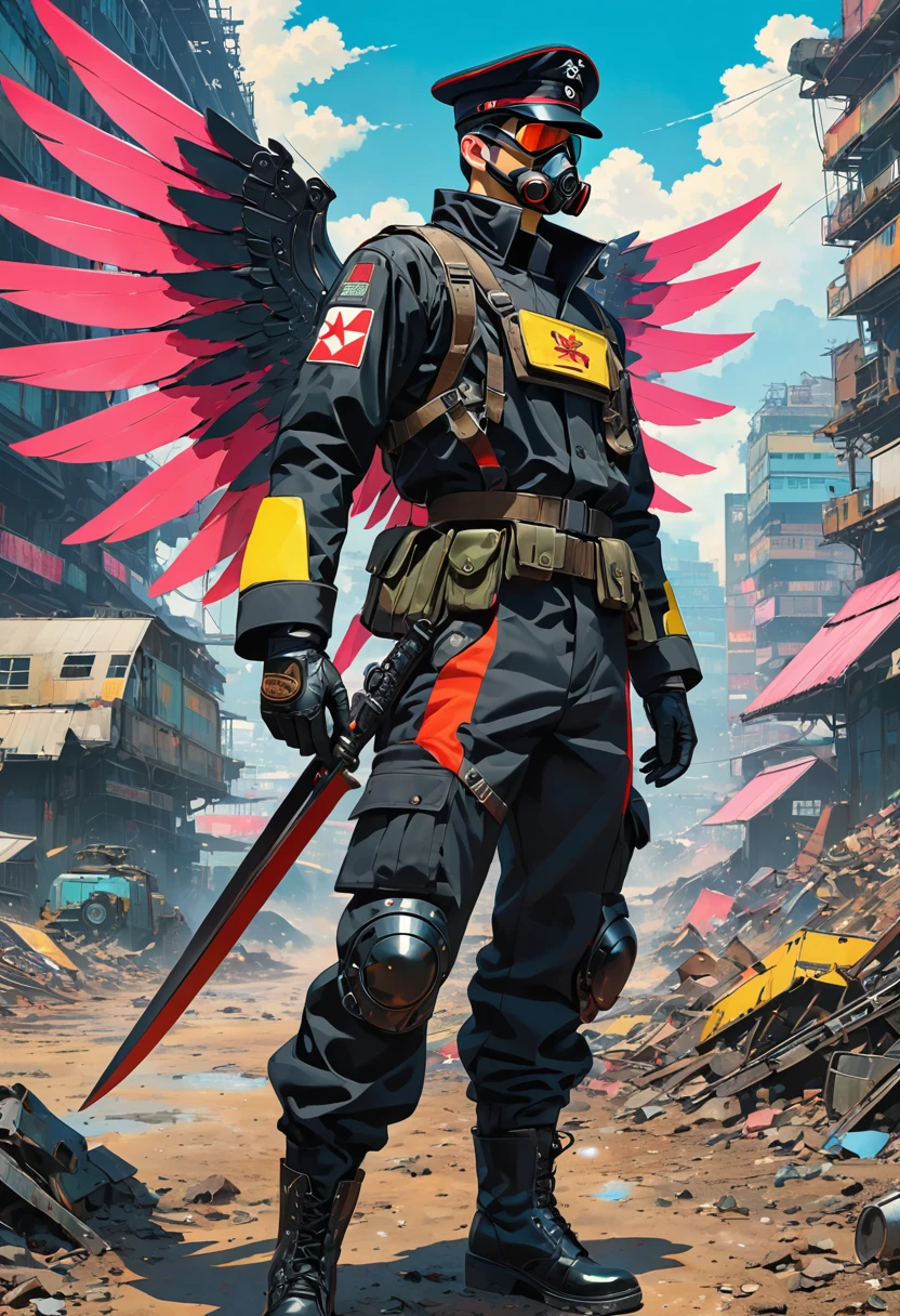 (masterpiece, best quality:1.1), (ultra highres, ultra-detailed:1.2),pop-art,flatcolor, one boy,male officer,(boy pose),(black military cap,military Gasmask,black gloves,many gear shaped button,has (Tonfa-shaped blade),(mechanical wings),),neon-colored Mecha-wings,BREAK cyberpunk nazi-suit,thin body,(wasteland,no man's land),japan,dynamic angle,