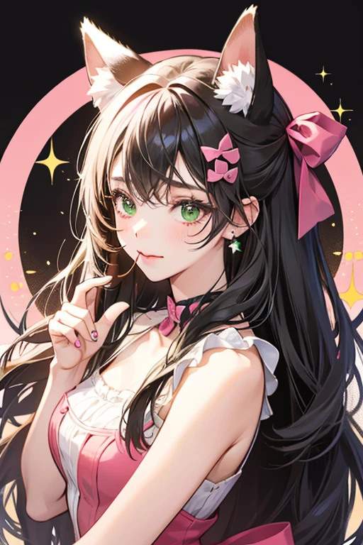 A girl Num with dog ears and a slanted mouth. Her body is pink and is decorated with black beans. She wears a green bow that adorns her left ear. SPARKLE; GLITTER
