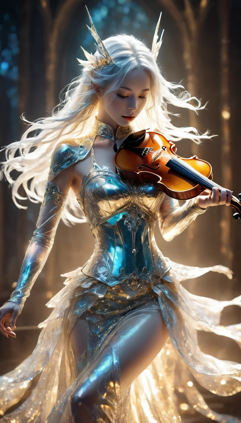 Close-up of a statue of a woman holding a guitar, intricate wlop, beautiful digital works of art, (fantasy violin), gorgeous digital art, detailed fantasy digital art, 3d render digital art, fantasy violin, great digital art with details, karol bak uhd, 4K highly detailed digital art, Detailed digital 3D art, intricate ornate anime cgi style