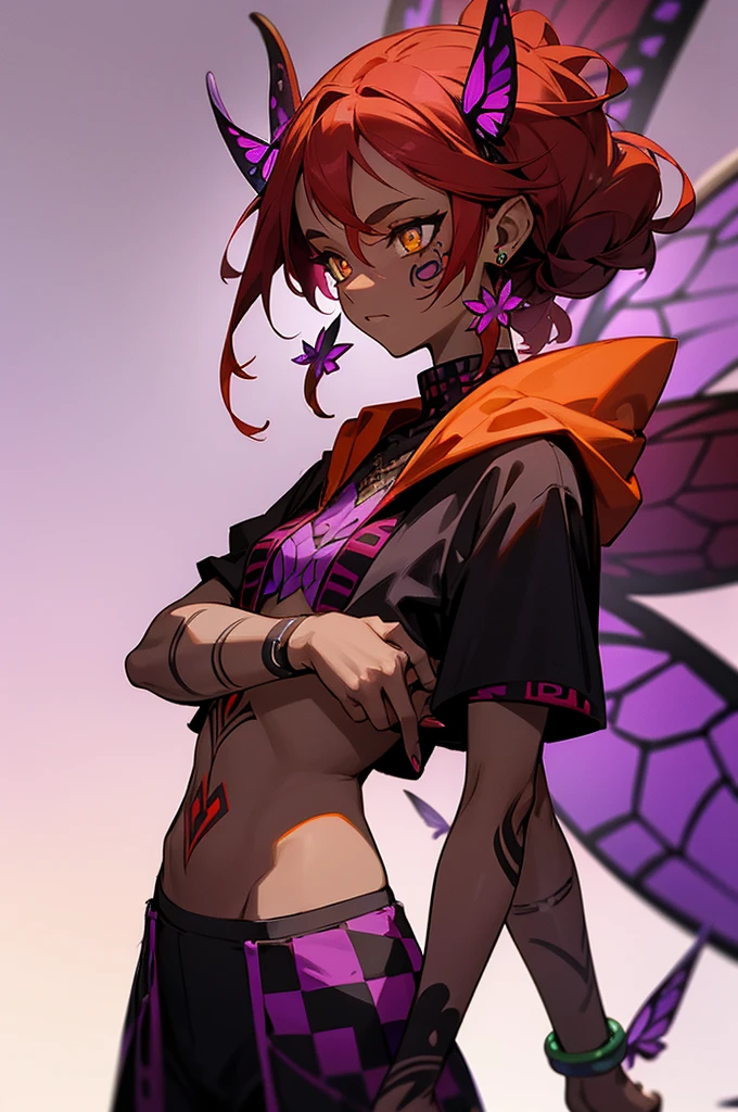Black and Purple Tribal Markings On Body, Black and Purple Face Tattoos , Purple Butterfly Fairy Wings , dark skin, small yellow horns, light yellow eyes, red earrings, red hair, mature woman, red cloak, red pattered shirt, black checkered pants,, fully clothed, skinny arms,