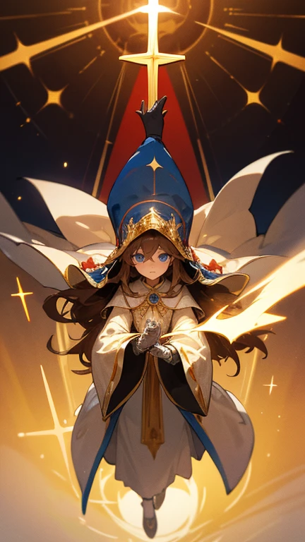 masterpiece, blue eyes, ranslucent face veil, wearing an elaborately detailed pope's ceremonial robes and a pope hat, long white gloves, full body dress, puff sleeves, cross details, hands outstretched, long light brown hair, altar, holy aura, red cape and ribbon, gold embroidery, casting magic, glowing aura, church background, with a spellbook in front of her, meteor, judgement 