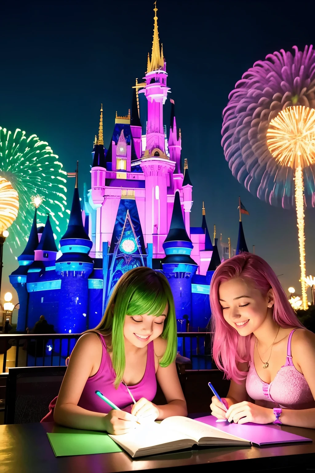 imagine teenagers at Disney having fun and studying. Adopt neon pink, neon green, neon purple colorscreate digital art in 1080 x 1350 proportion teenagers at Disney having fun and studying. Adopt neon pink, neon green, neon purple colors. The background must have the Disney castle and parks