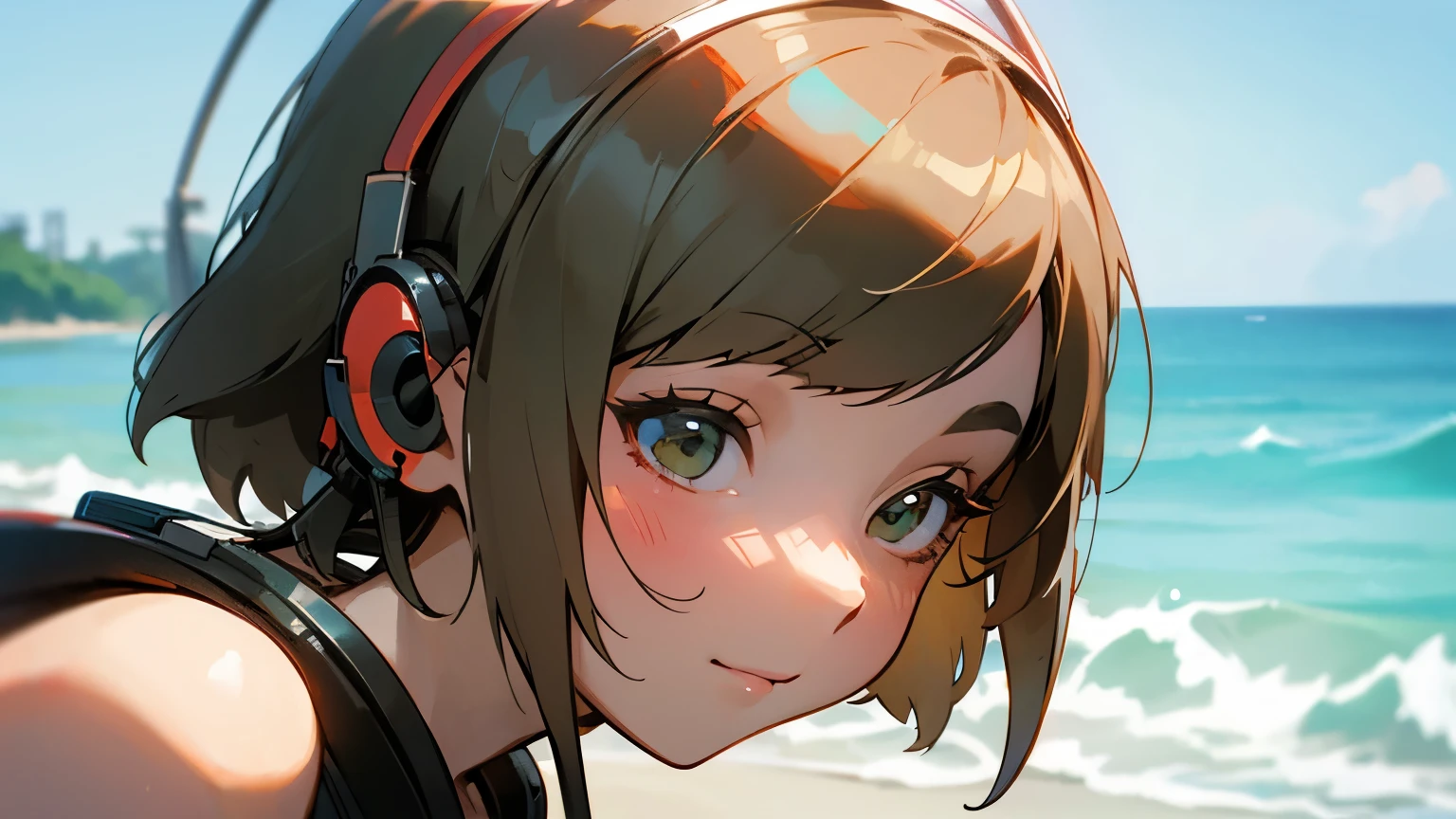 Bob Girl, Wear headphones, Close-up, facing forward, Enjoy the tranquility of lo-fi music,The background is Summer Beach