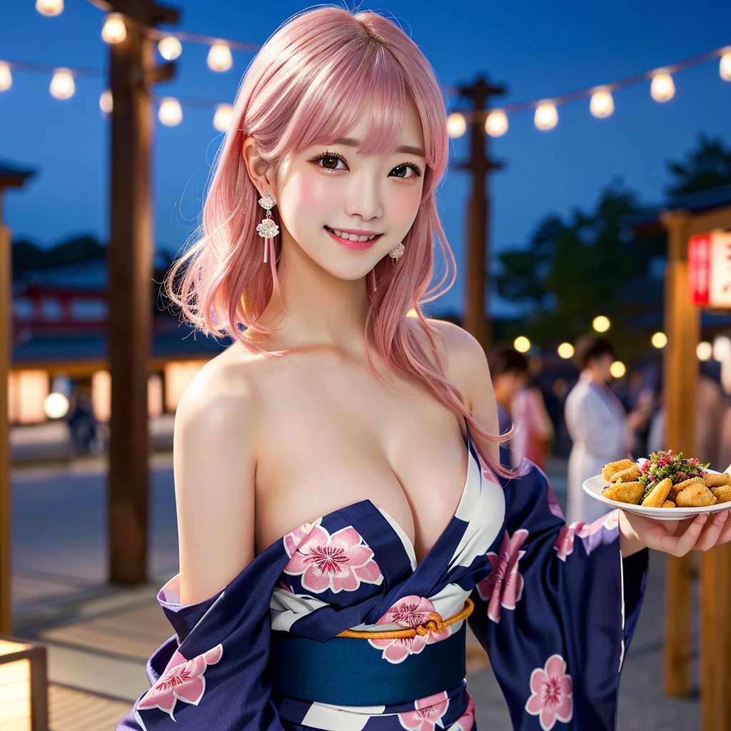 Earrings, masterpiece, Pink Hair, Large , Blushing, tooth, Aperture value F1.8, whole body、gravure pose、Open your mouth, Standing pose、whole body見して、yukata、Realistic、超Realistic、Make the skin more realistic、Textured skin, night、Japanese festival yukata date、Crinkled smile、A lot of people、Lots of food stalls