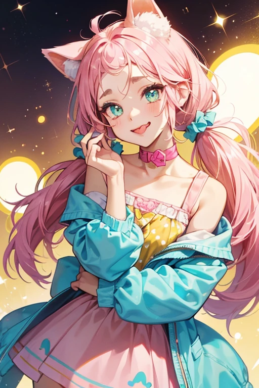 A girl pink, glittery Num with cat ears and a light blush. She has a small pigtail tied up with a yellow band. Her tongue is sticking out and she has a winking eye. She has hot pink, yellow and teal beans on her forehead.  SPARKLE; GLITTER
