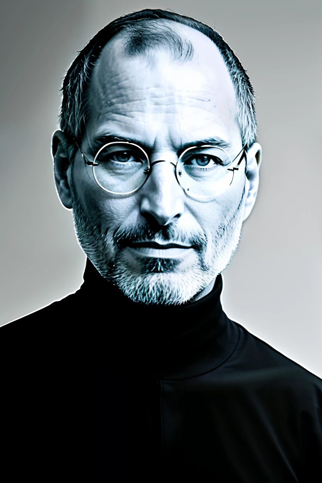 Steve Jobs, in his iconic black turtleneck and blue denim, with a stern yet intellectual gaze, gazes directly into the camera with his piercing blue eyes, conveying a sense of charisma and profound wisdom, as if he's sharing yet another groundbreaking idea. High quality, film grain, Fujifilm X100V, vintage style, black and white, minimalist background, 6k resolution.