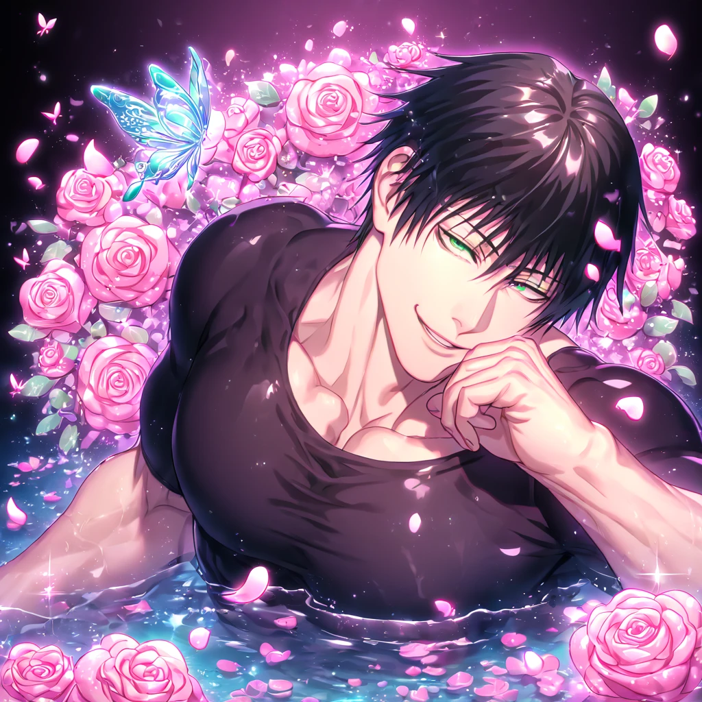 Ultra detailed, HDR, Highres, absurdres, master piece, Fushiguro Touji, black hair, expressive green eyes, toned chest, black tight t-shirt, Jujutsu Kaisen, solo, pink glittering butterflies, pink ice, petals, pink ice glass roses, sexy man, sensual, handsome, glittering, water, fantasy, magical, manly man, handsome smile,