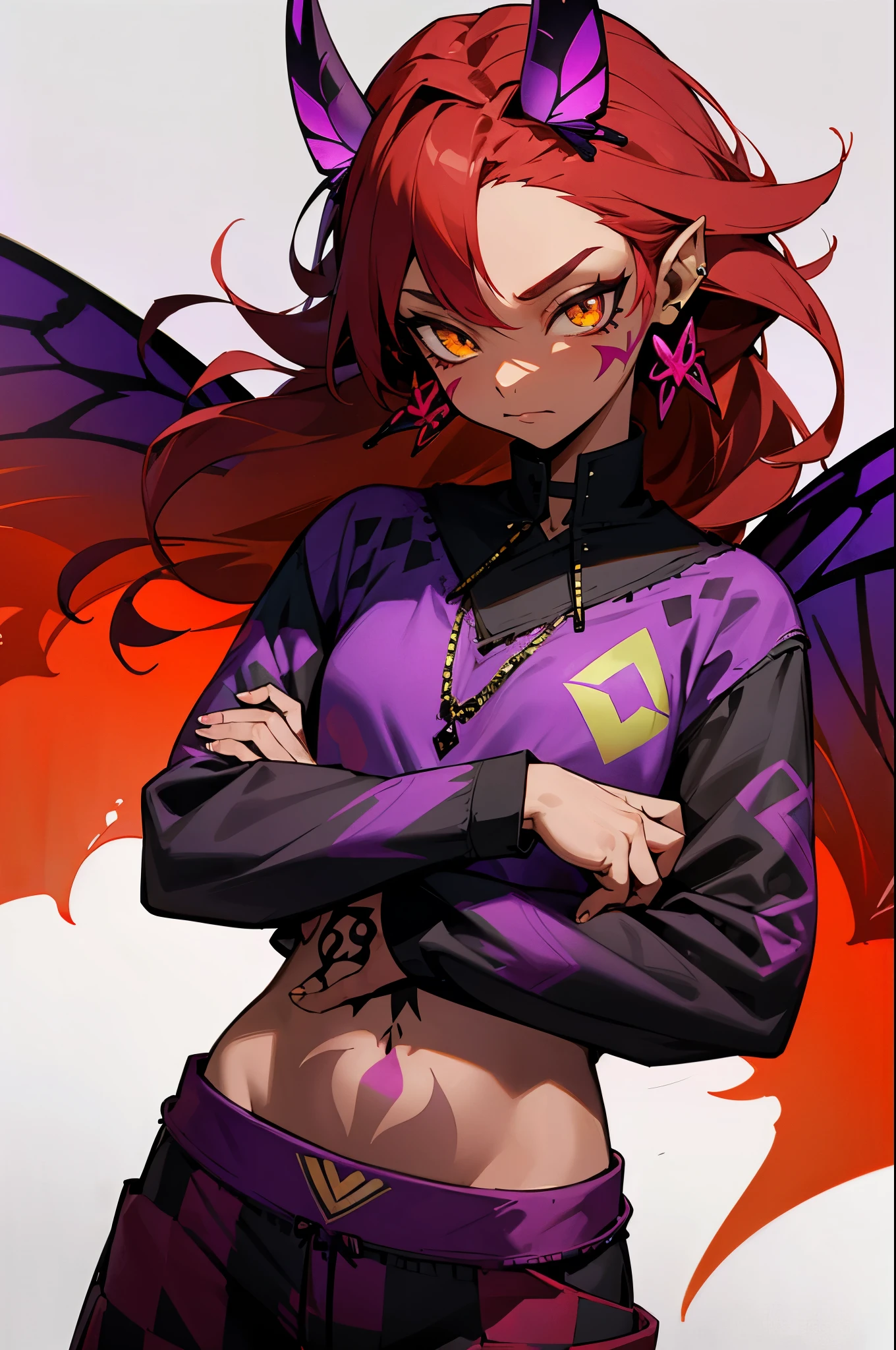 Black and Purple Tribal Markings On Body, Black and Purple Face Tattoos , Purple Butterfly Fairy Wings , dark skin, small yellow horns, light yellow eyes, red earrings, red hair, mature woman, red cloak, red pattered shirt, black checkered pants