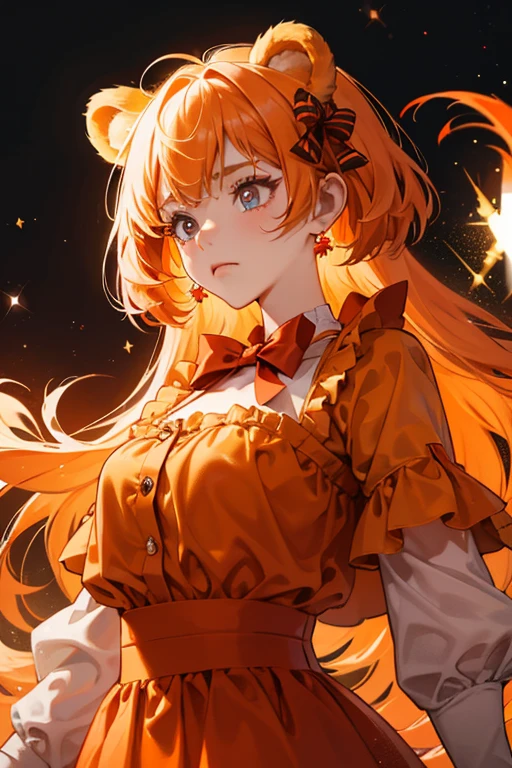 An orange jelly girl Num with holes for her eyes and a bear snout, she has an grumpy expression on her face. She has bear ears to make her look like a bear. Most of her body is orange, while least is red. A dark orange bow adorns her left ear. SPARKLE; GLITTER