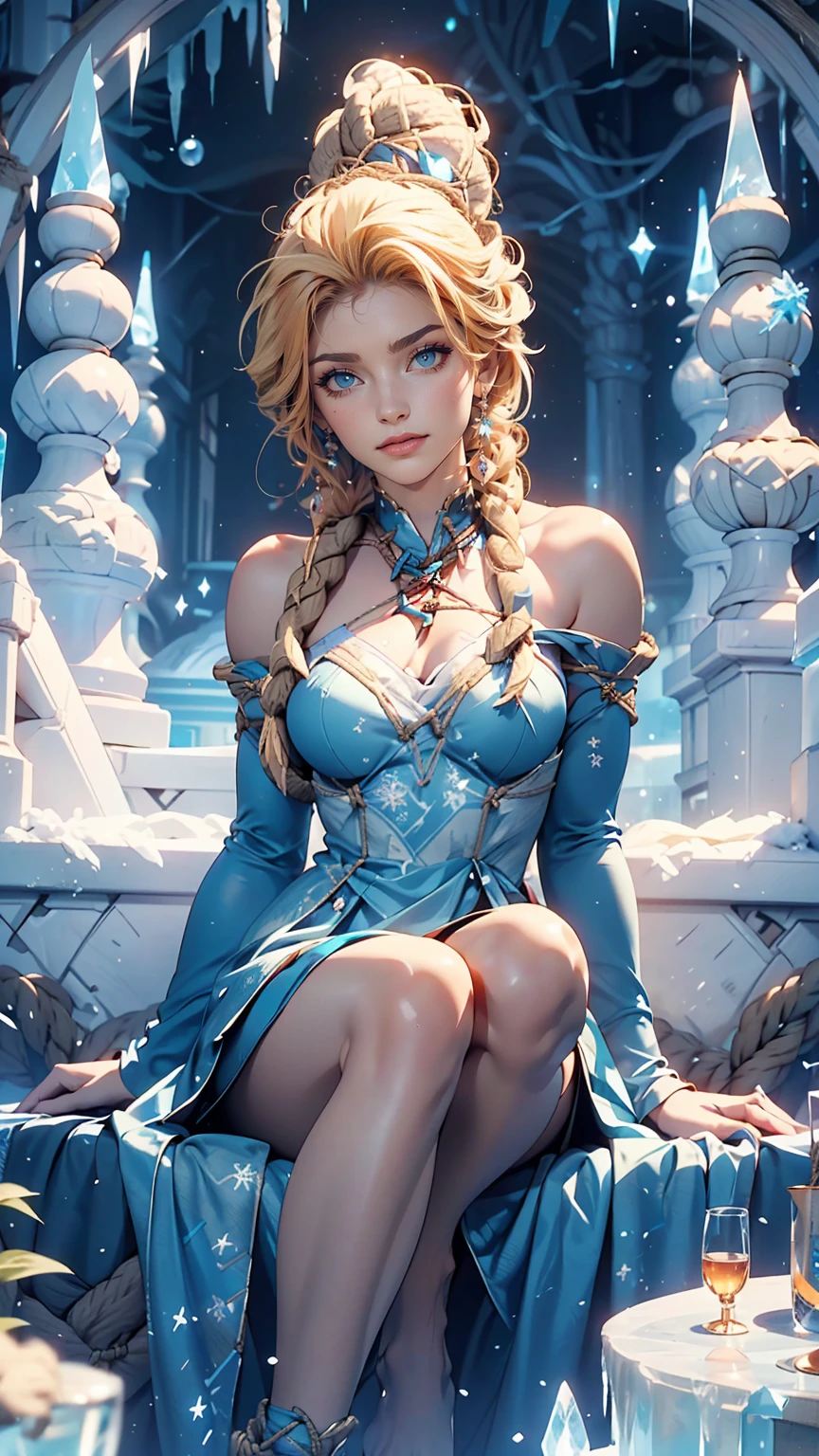 Disney「freeze」、Elsa、Sitting on the ice throne in the ice castle、rest for a bit'jaw on one'jaw、Smile、Cross your legs, Bare legs, Barefoot, ((Full body photo, standing, on the floor)) sneakers, She is sitting on a throne of stone and ice, tied up, inside a palace. (Tied with jute rope:2), (tied with lots of rope, ankles tied, legs tied, breasts tied, crotch rope:1,5). Otm gag. The dress features a fitted bodice adorned with snowflake appliqués, creating a mesmerizing icy effect. With your camera, a high-resolution mirrorless camera combined with a prime lens, you will capture the model's enchanting beauty and the electrifying energy of her icy costume.