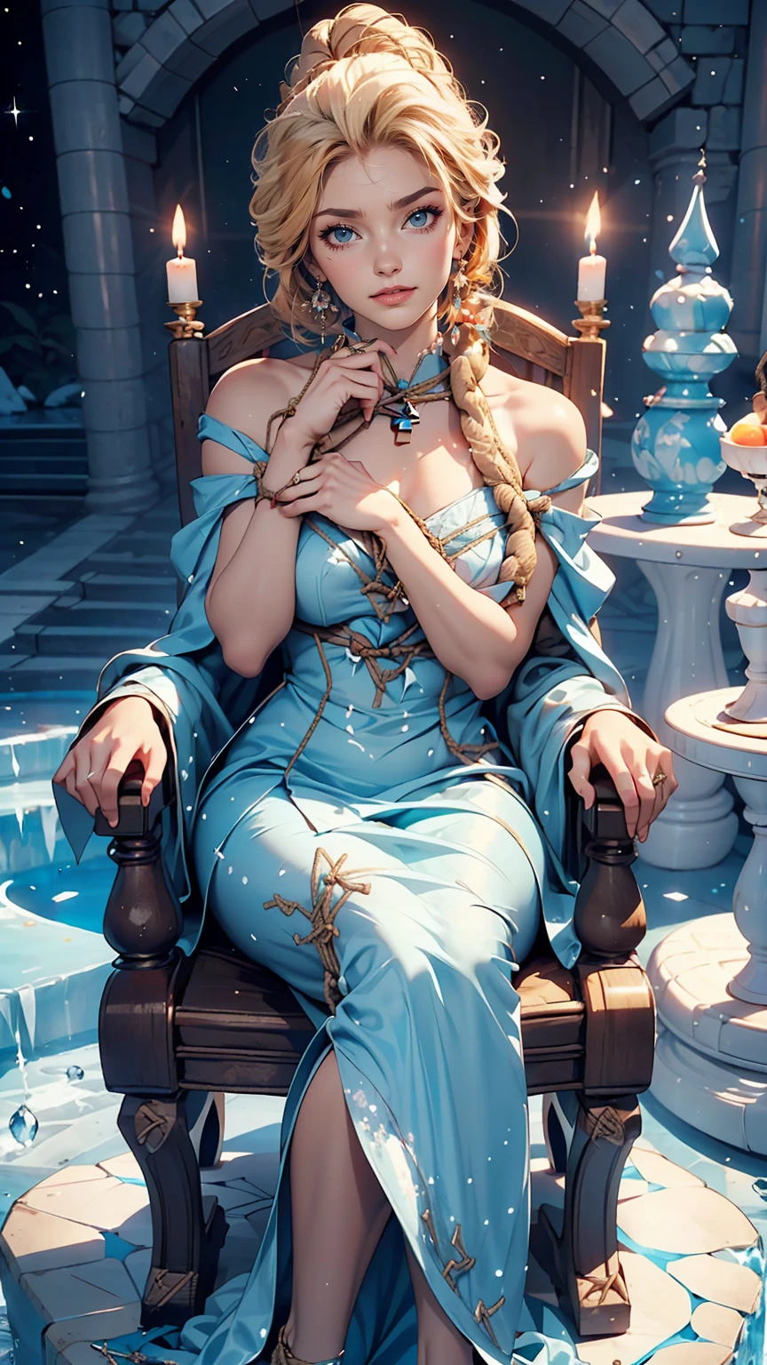 ((Full body photo, standing, on the floor))ballet shoes, Create a visually captivating photorealistic image of a model stylized like Elsa from Disney's "Frozen." The model has a (pale) e that . Her hair, styled into a braided hairstyle with neon highlights woven throughout, features a breathtaking combination of (icy blue) and (icy silver). She wears a charming blue dress, made of luminous silk fabric that shines with every movement. The skirt of the dress is transparent and fits well on the legs. She sits on a throne of stone and ice, tied up, inside a palace made of stone and ice. (Tied with jute rope:2), (tied with lots of rope, ankles tied, legs tied, breasts tied, crotch rope:1,5). Otm gag. The dress features a fitted bodice adorned with snowflake appliqués, creating a mesmerizing icy effect. The flowing skirt, made of layered icy tulle, billows like an icy breeze. Completing her look are neon-accented gloves that glow with an icy glow. Against a dark icy rocky castle backdrop, Elsa's neon ensemble illuminates the scene, capturing her majestic presence and the magical allure of her icy powers. With your camera, a high-resolution mirrorless camera combined with a prime lens, you will capture the model's enchanting beauty and the electrifying energy of her icy costume.