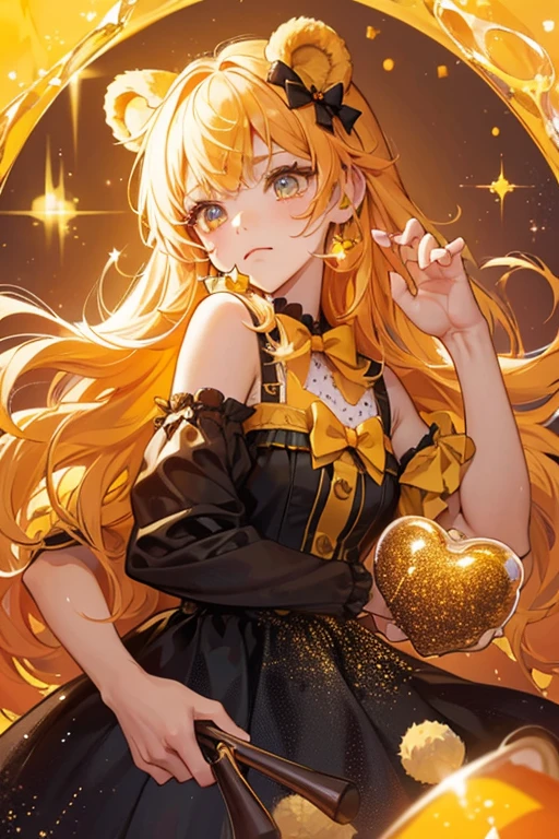 A yellow jelly girl Num with holes for her eyes and a bear snout, she has a grumpy expression on her face. She has glitter all over herself and wears a orange bow adorning her left ear. SPARKLE; GLITTER