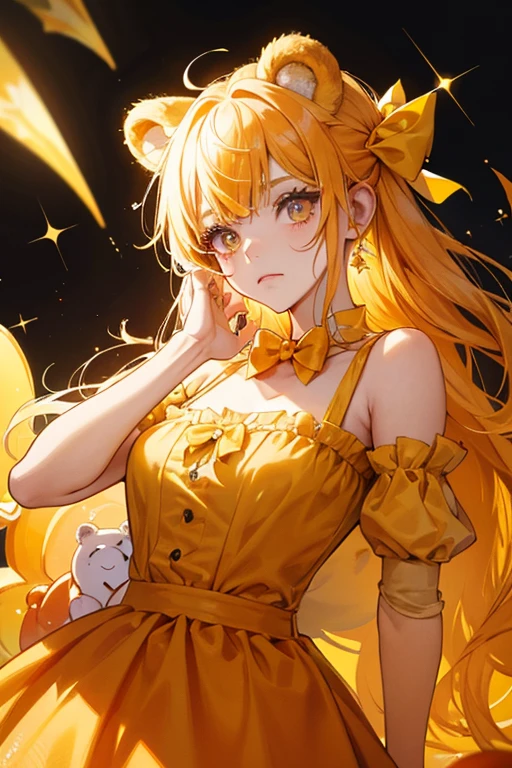 A yellow jelly girl Num with holes for her eyes and a bear snout, she has a grumpy expression on her face. She has glitter all over herself and wears a orange bow adorning her left ear. SPARKLE; GLITTER