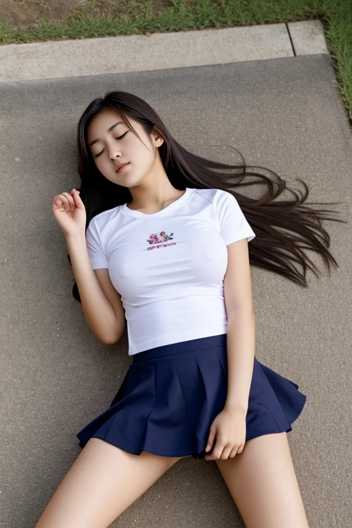 Beautiful Japanese teenager, tight short sleeve top, large breasts, long hair,   short skater skirt, masterpiece, full body, eyes closed, laying dead on back,