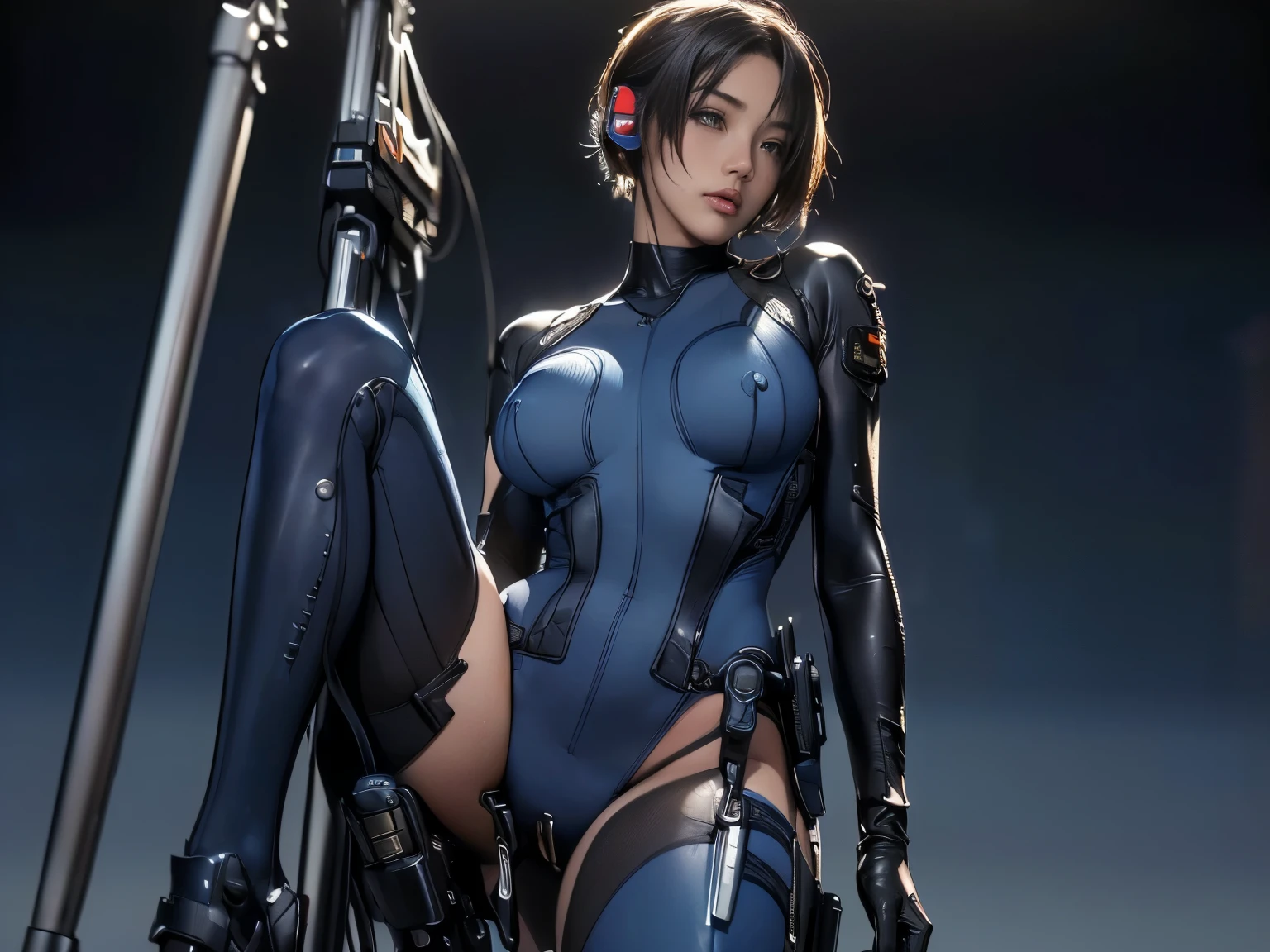 (A woman),(((A female member of the Future Force rides a motorcycle))),((Navy blue tactical high leg bodysuit:1.5)),((earphone:1.5)),((Tactical Holster:1.5)),(Gloves:1.5),(Serious:1.5),(Super short hair:1.5),(bionde:1.5),(beautiful eyes:1.3),(Very detailedな顔:1.5),((Very detailed drawing of a female hand:1.5)),((muscular:1.5)),(Sexy appearance:1.5),((Thick thighs:1.5)),(Beautiful Body:1.5),((Very sensual:1.5)),(Background is hanger:1.5),(Cyberpunk atmosphere:1.5),(((Blurred Background:1.5))),(Written border depth:1.5),rest(((masterpiece:1.5),(best quality:1.5),(Very detailed:1.5),(high resolution:1.5),(Practical:1.5),(Practical:1.5),(Delicate depiction),(Carefully drawn))),8k,wallpaper