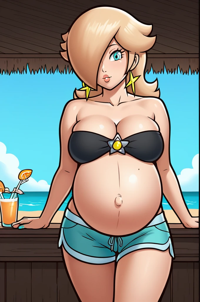 score_9, score_8_up, 1girl, solo, rosalina, style parody, thick outlines, black bikini, shorts, pregnant belly, sleeveless, strapless, cleavage, indoors, beach, 